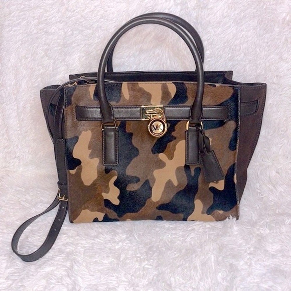 Michael Kors Camouflage Camo Calf Hair Hamilton Lg Traveler Duffle Satchel Bag